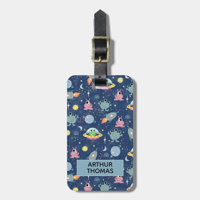 Étiquette À Bagage Boys Cute Space Alien Nom du Motif Enfants (Devant Vertical)