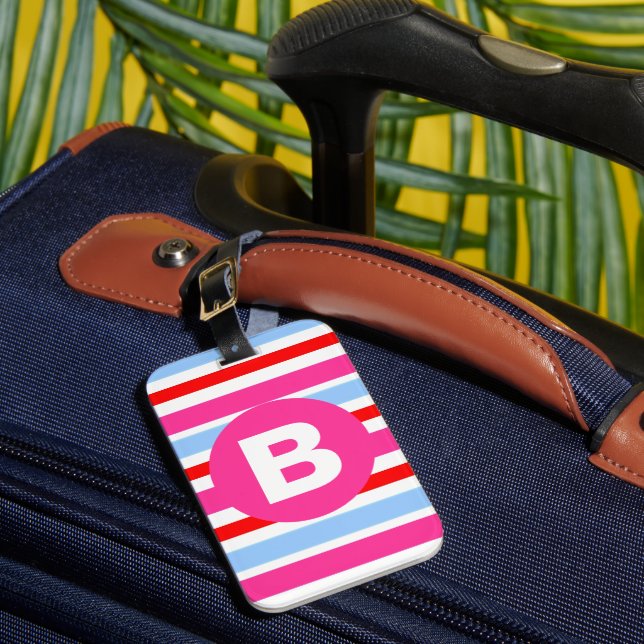 Étiquette À Bagage Bright Pink and Blue Candy Stripes Monogram (Insitu Rectoal 1)