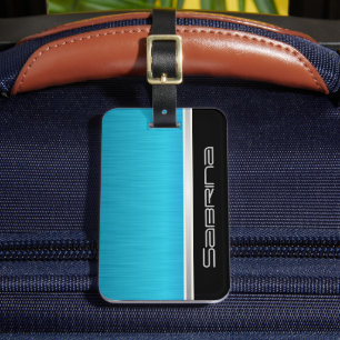Étiquette À Bagage Bright Turquoise Bleu Brush Acier et Argent Impres