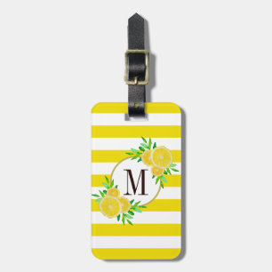 Étiquette À Bagage Bright Yellow Stripes Citron Citrus Slices Monogra
