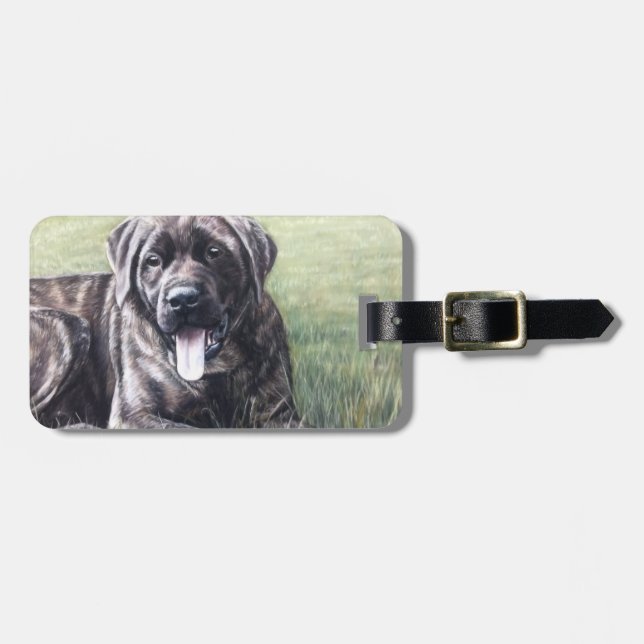 Étiquette À Bagage Brindle mastiff anglais allongé dans l'herbe (Devant horizontal)