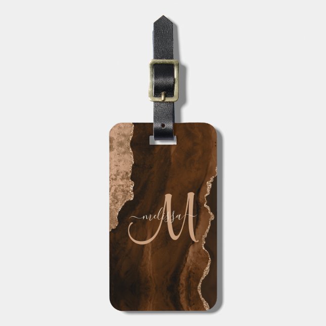 Étiquette À Bagage Brown chic Rose Gold Parties scintillant Agate Per (Devant Vertical)