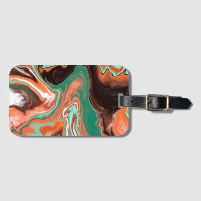 Étiquette À Bagage Brown, Turquoise, Art numérique en marbre orange (Devant Horizontal)