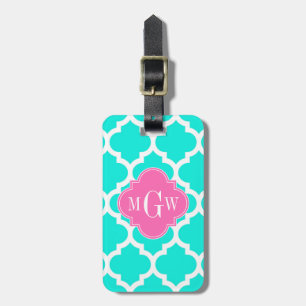 Étiquette À Bagage Brt Aqua Wht Marocain #5 HotPink2 Monogramme Initi