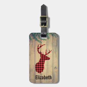 Étiquette À Bagage Buffalo Plaid Deer Head sur Faux Wood