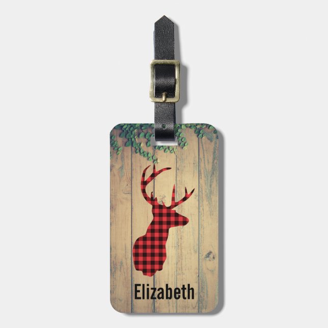 Étiquette À Bagage Buffalo Plaid Deer Head sur Faux Wood (Devant Vertical)