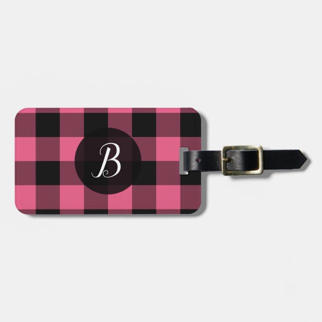 Étiquette À Bagage Buffle rose et noir plaqué À damiers Carrés (Devant horizontal)