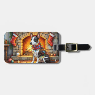 Étiquette À Bagage Bull Terrier Cheminée avec Lumières de Noël