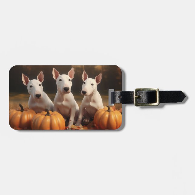 Étiquette À Bagage Bull Terrier Chiot Automne Citrouille de plaisir (Devant horizontal)