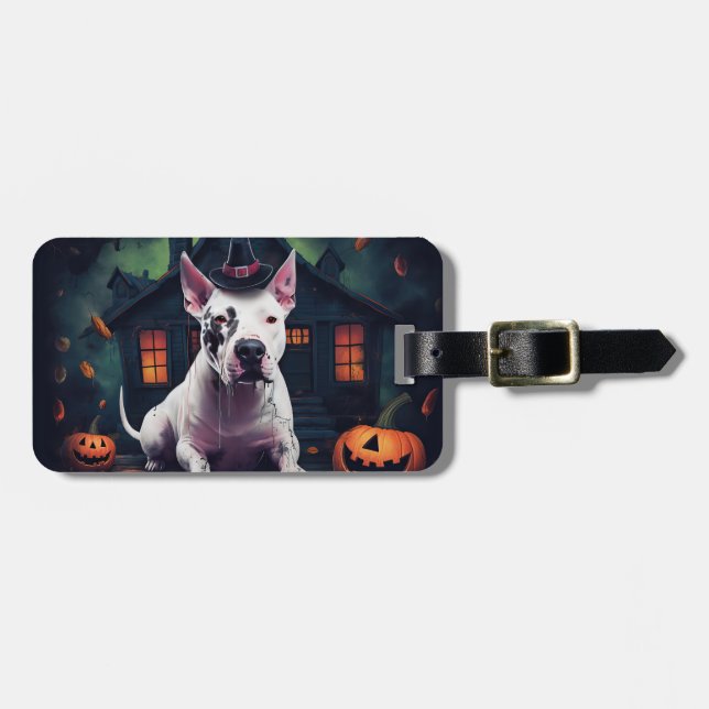 Étiquette À Bagage Bull Terrier Citrouille Halloween effroi (Devant horizontal)