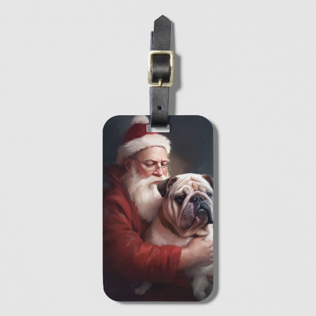 Étiquette À Bagage Bulldog avec Noël Festif du Père Noël (Devant Vertical)