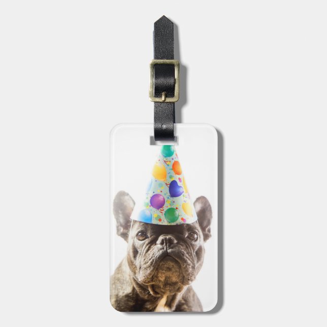 Étiquette À Bagage Bulldog français avec Casquette de parti (Devant Vertical)