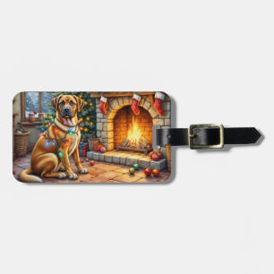 Étiquette À Bagage Bullmastiff Cheminée avec Lumières de Noël