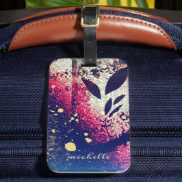 Étiquette À Bagage Burgundy Gold Botanical Sparkle Signature Abstrait