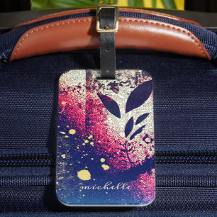 Étiquette À Bagage Burgundy Gold Botanical Sparkle Signature Abstrait