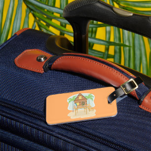 Étiquette À Bagage Cabanes de plage tropicales, planches de surf et p