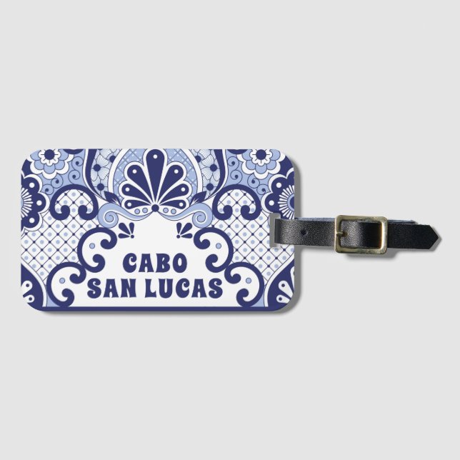 Étiquette À Bagage Cabo San Lucas Bleu & Blanc Carrelage Talavera Mex (Devant Horizontal)
