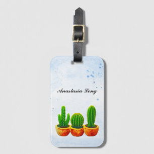 Étiquette À Bagage Cactus d'aquarelle bleu doux et vert