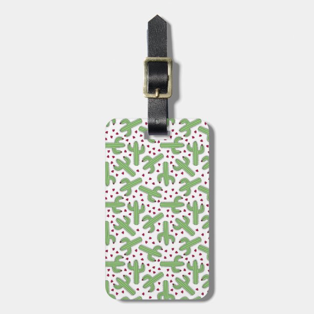 Étiquette À Bagage Cactus illustré et motif de fleurs rose (Devant Vertical)