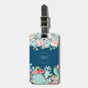 Étiquette À Bagage Cactus Succulent Monogramme Océan Bleu Personnalis