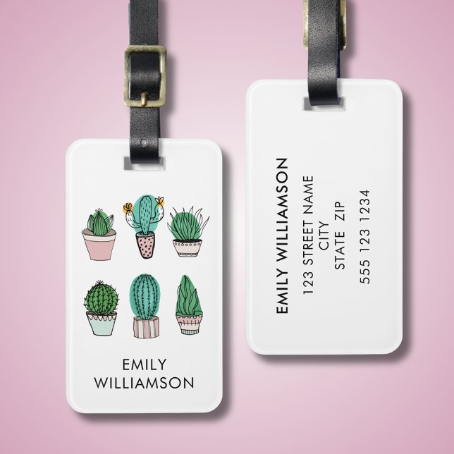 Étiquette À Bagage Cactus succulents illustration nom personnalisé (Cacti Cactus Personalized Luggage tag)