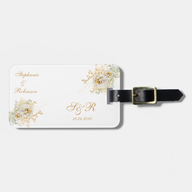 Étiquette À Bagage Cadeau Mariage Monogram Gold Floral (Devant horizontal)