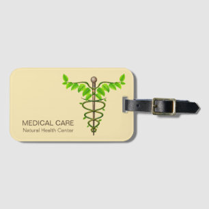 Étiquette À Bagage Caducée Médical Alternatif Feuilles Vertes Beige