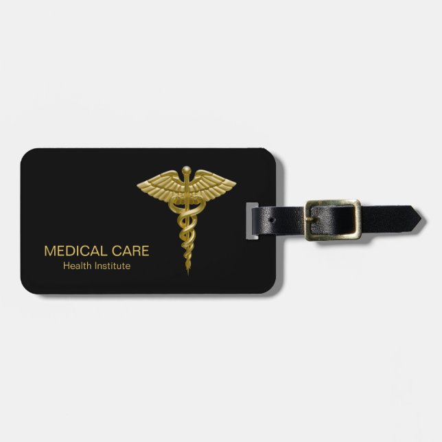 Étiquette À Bagage Caducée Médicale chic d'or sur l'étiquette noire (Devant horizontal)