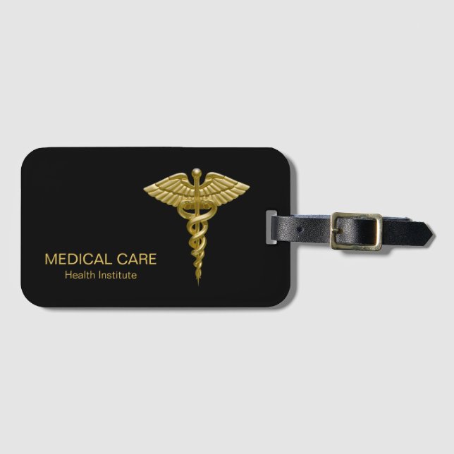 Étiquette À Bagage Caducée Médicale chic d'or sur l'étiquette noire (Devant Horizontal)