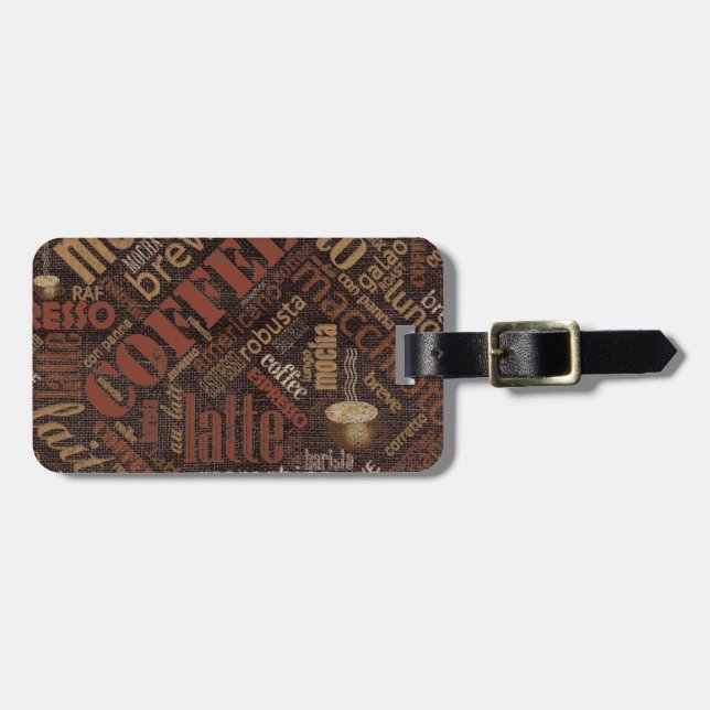 Étiquette À Bagage Café sur Burlap Word Cloud Brown ID283 (Devant horizontal)