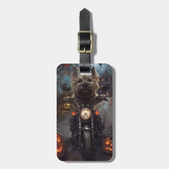 Étiquette À Bagage Cairn Terrier équitation moto Halloween effrayant (Devant Vertical)