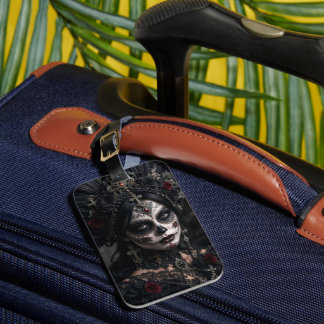 Étiquette À Bagage Calavera gothique cramoisie – Rose noire