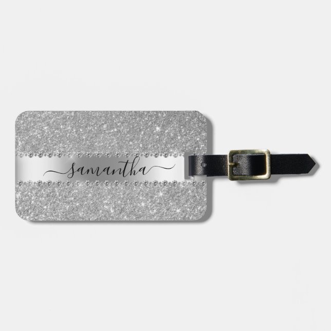Étiquette À Bagage Calligraphie Parties scintillant en argent diamant (Devant horizontal)