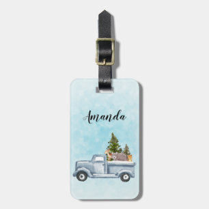 Étiquette À Bagage Camion de Noël avec pins et animaux de forêt
