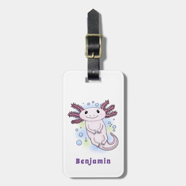 Étiquette À Bagage Caricature axolotl rose adorable (Devant Vertical)