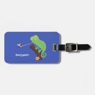 Étiquette À Bagage Caricature de lézard de caméléon vert joyeux