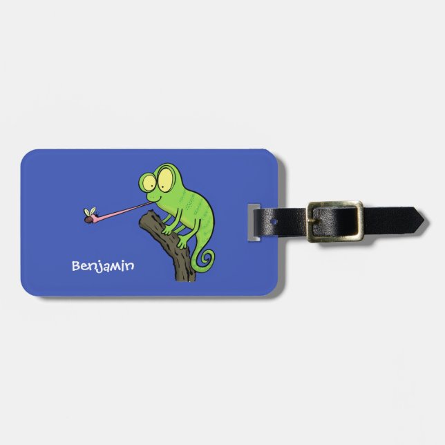 Étiquette À Bagage Caricature de lézard de caméléon vert joyeux (Devant horizontal)