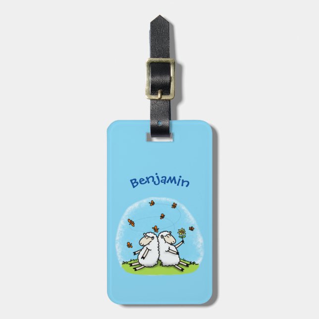 Étiquette À Bagage Caricature de moutons mignons amis et papillons (Devant Vertical)