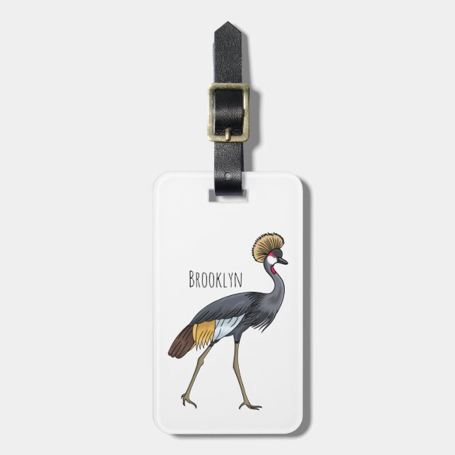 Étiquette À Bagage Caricature d'oiseau de grue couronné gris (Devant Vertical)