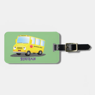 Étiquette À Bagage Caricature du bus scolaire jaune joyeux