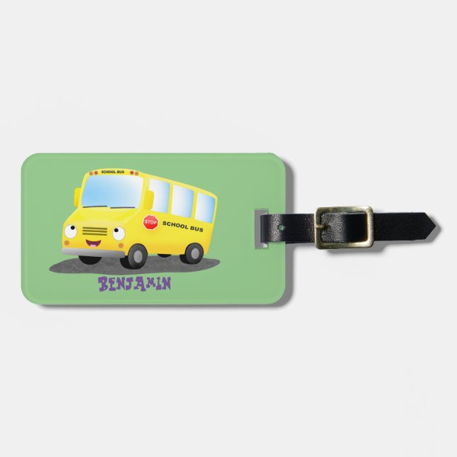Étiquette À Bagage Caricature du bus scolaire jaune joyeux (Devant horizontal)