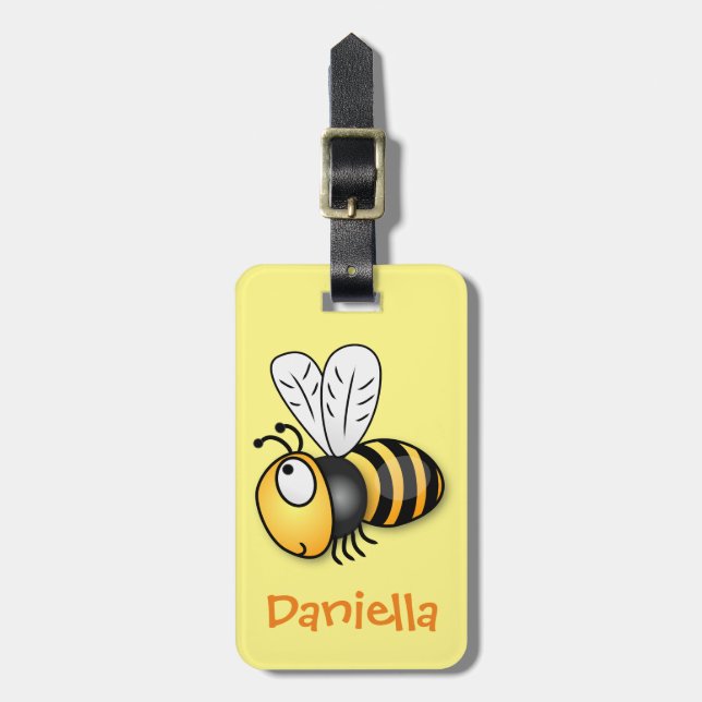 Étiquette À Bagage Caricature en jaune d'abeille volante mignonne (Devant Vertical)