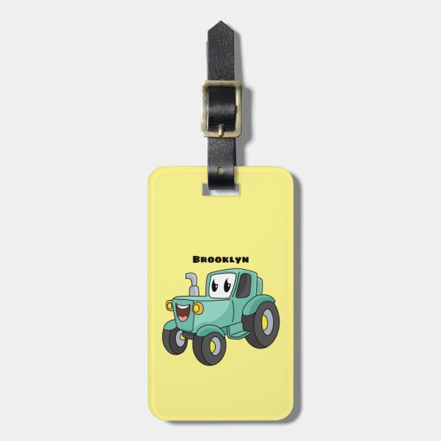 Étiquette À Bagage Caricature joli tracteur vert joyeux (Devant Vertical)