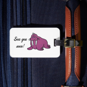Étiquette À Bagage Caricature mignonne de Walrus mauve, nature océani