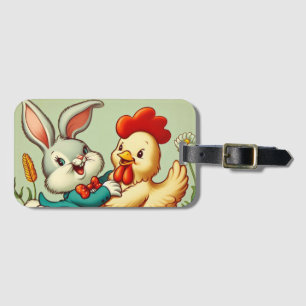 Étiquette À Bagage Caricature vintage, poulet et lapin