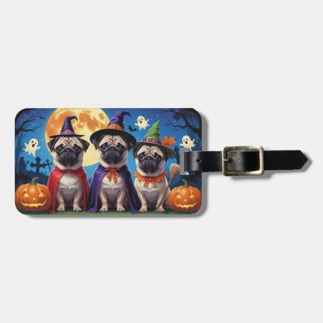 Étiquette À Bagage Carlin chien Citrouille Halloween drôle (Devant horizontal)
