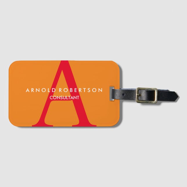Étiquette À Bagage Carré moderne Monogramme tendance orange rouge (Devant Horizontal)