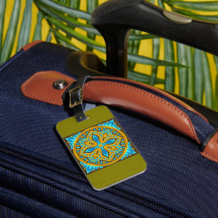 Étiquette À Bagage Carreau de style marocain méditerranéen bleu et or