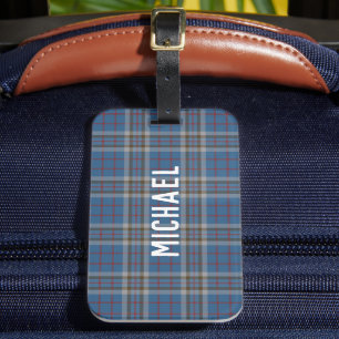 Étiquette À Bagage Carreaux Bleu Gris Tartan Personnalisé Thompson