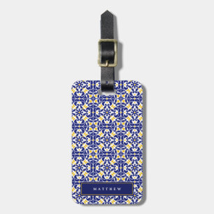Étiquette À Bagage Carreaux méditerranéens Bleu & Jaune Nom du Motif